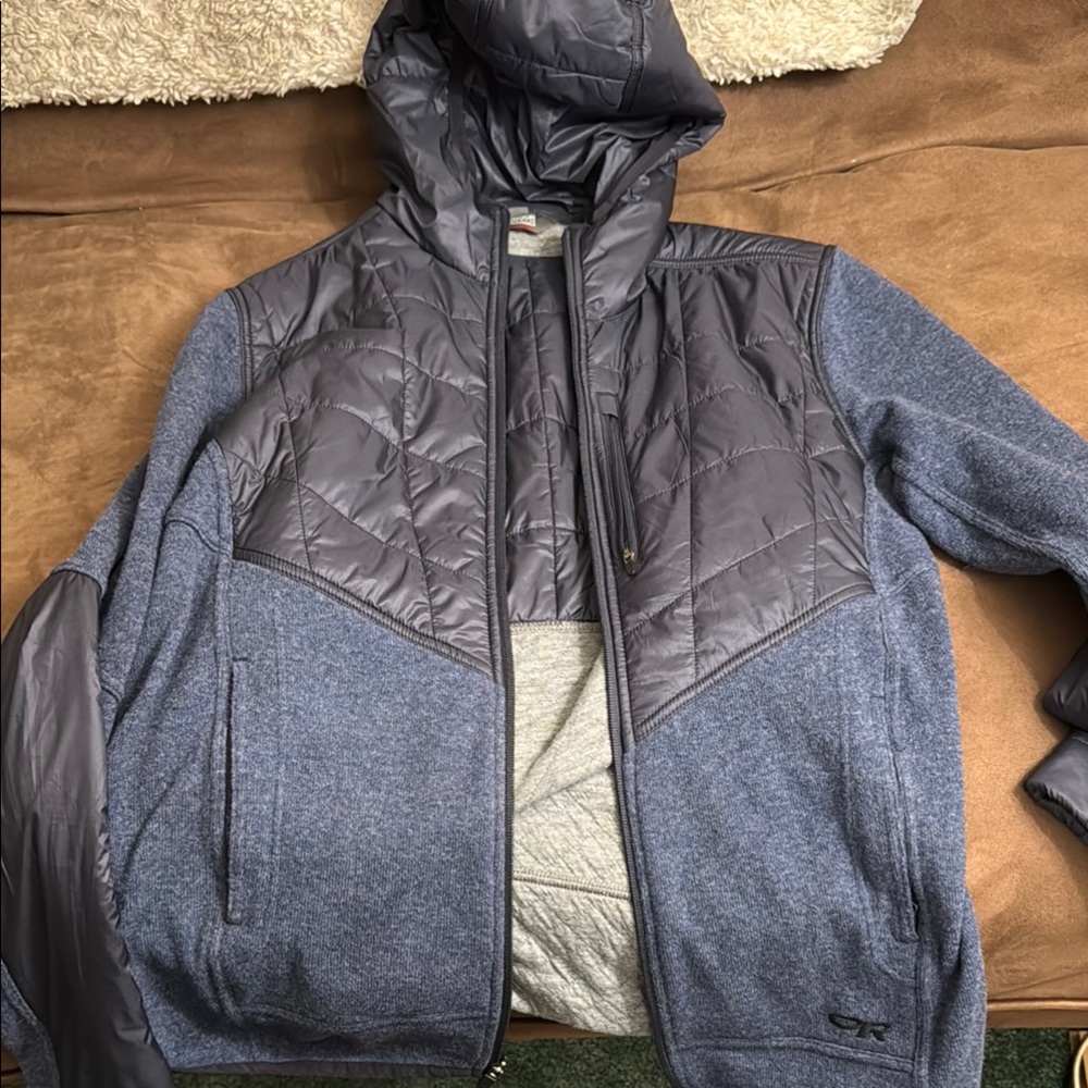 Outdoor Research Blue and Gray Puffer Jacket with Hood